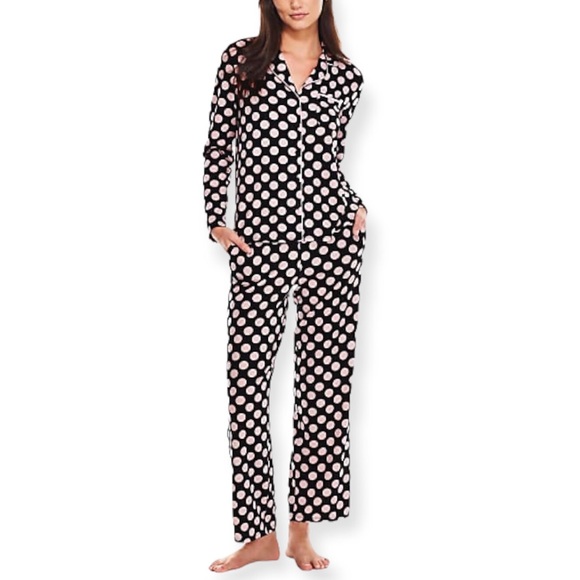 KATE SPADE Pajama Set Polka Dot Print Notch Collar Long Sleeve PJs pink Black - Picture 6 of 10